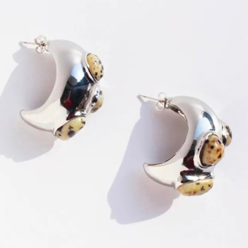 NEW Chunky Silver & Dalmatian Jasper Stone Statement Earrings